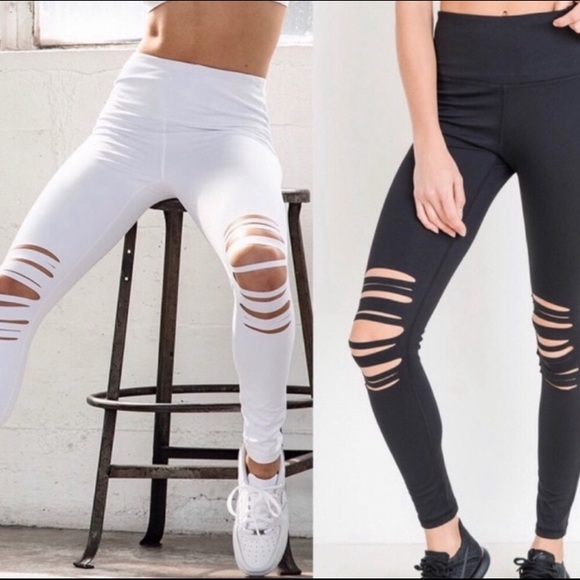 White Front Slit Cut Leggings - Picture 2 of 3